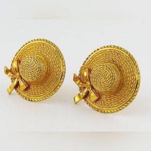 Chanel Vintage Gold Toned Iconic Hat Clip On Earrings
